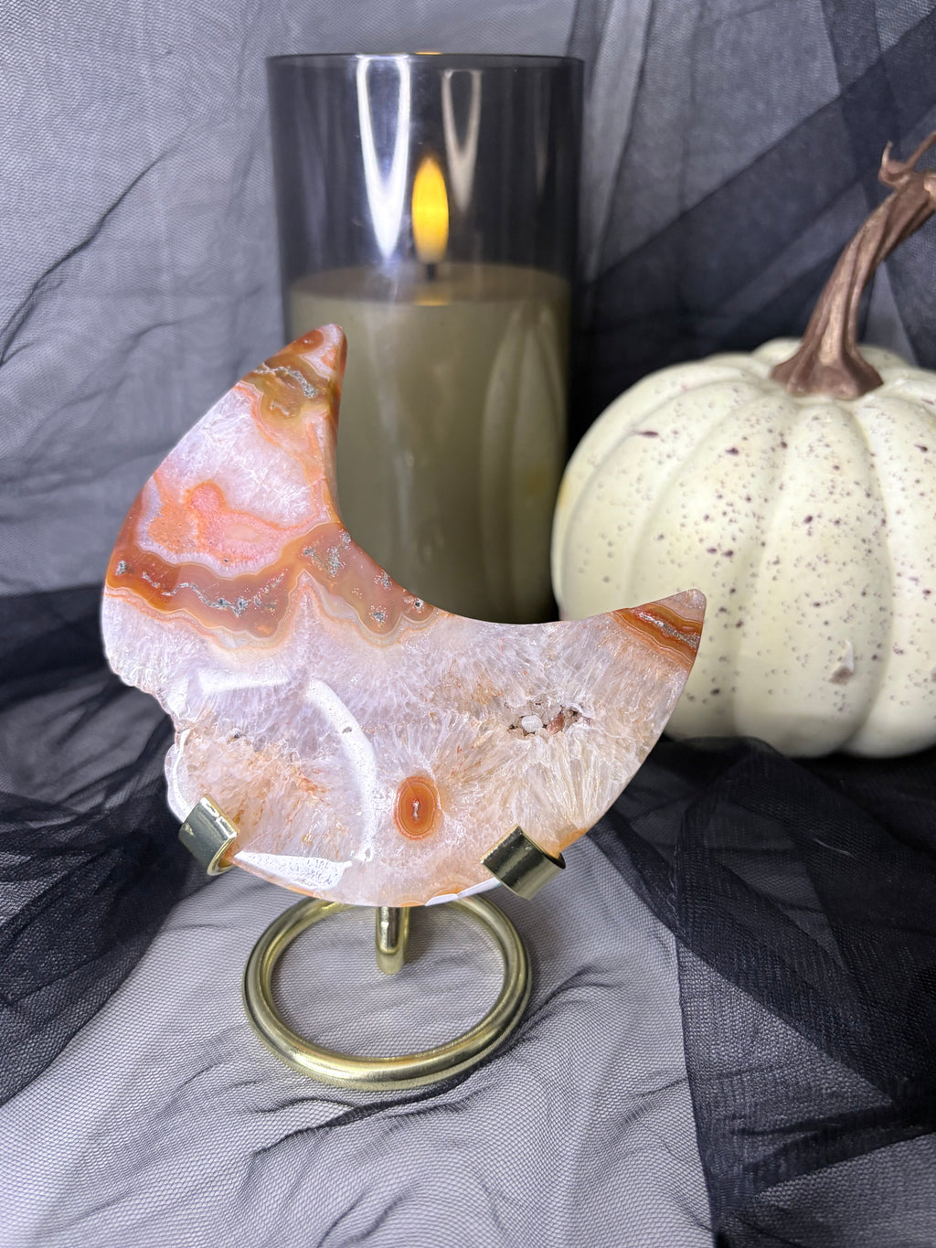 Red Moss Agate Moon on Stand
